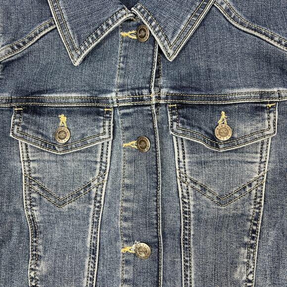 Riders by Lee Trucker Jean Jacket Womens Small Faded Stretch Denim Grunge School - Picture 6 of 11